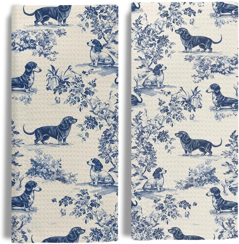 EKGJW Chinoiserie Dachshund Kitchen Towels, Dachshund Weiner Dog Lover Gifts Dish Tea Towels for Kitchen Decor, Grandmillennial Toile de Jouy Dog Hand Towels for Bathroom, 16x24 Inch Set of 2 - Image 1
